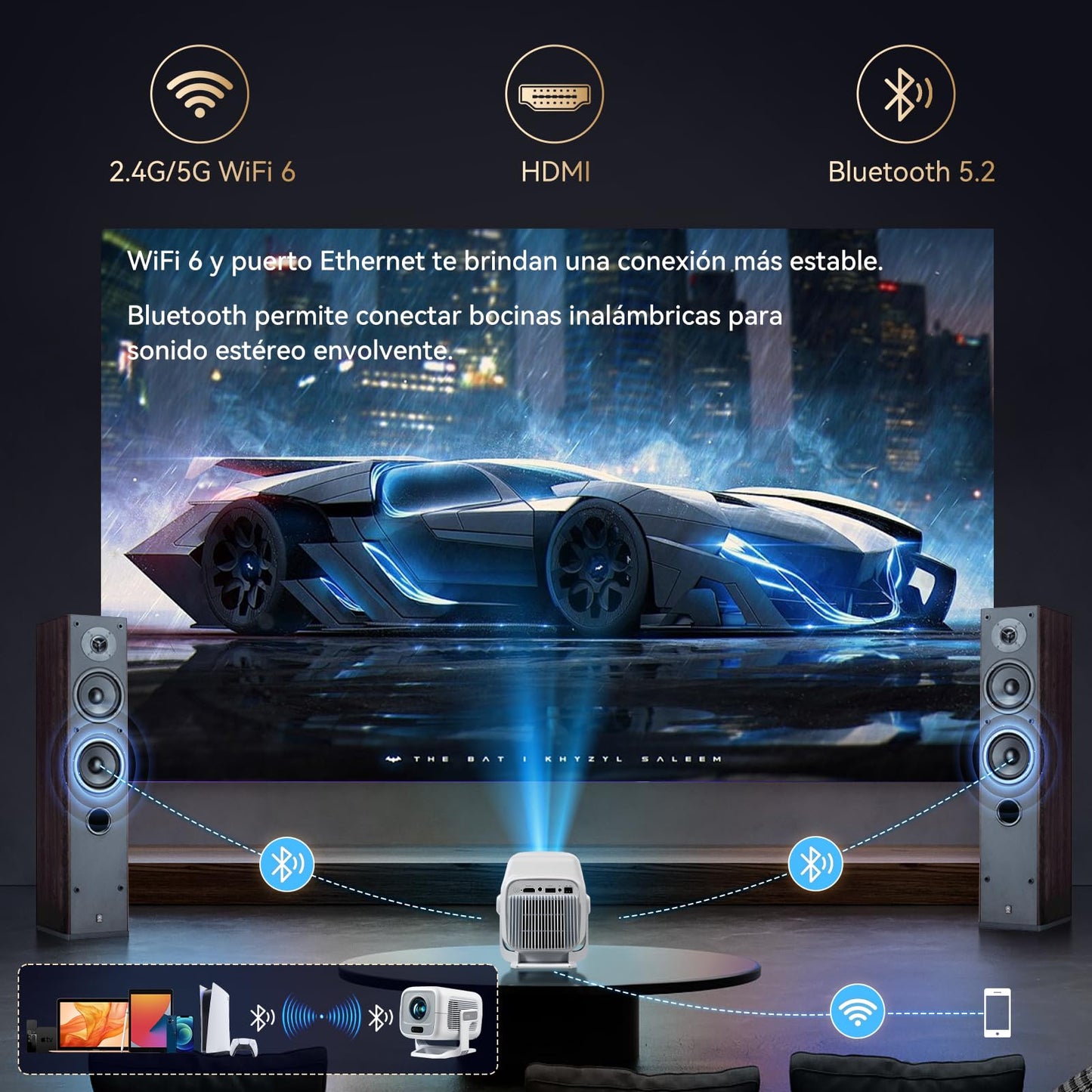 VUEKIME M3 Pro Proyector 4K Portátil, Nativo 1080P(Soporte 4K), 300 Pulgada