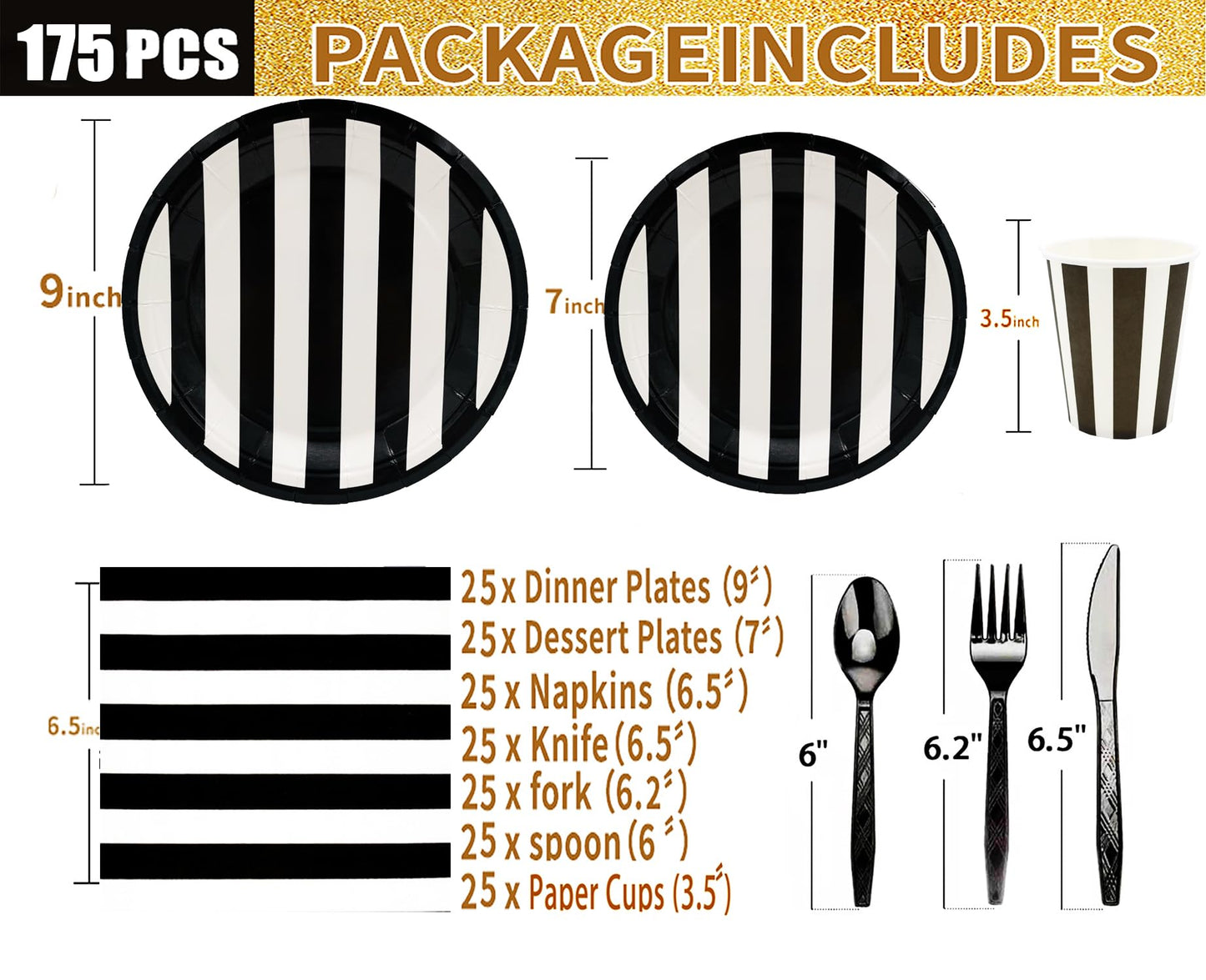 Suministros de Fiesta Serve25 Blanco y Negro Platos de Papel Rayados 175 Piezas
