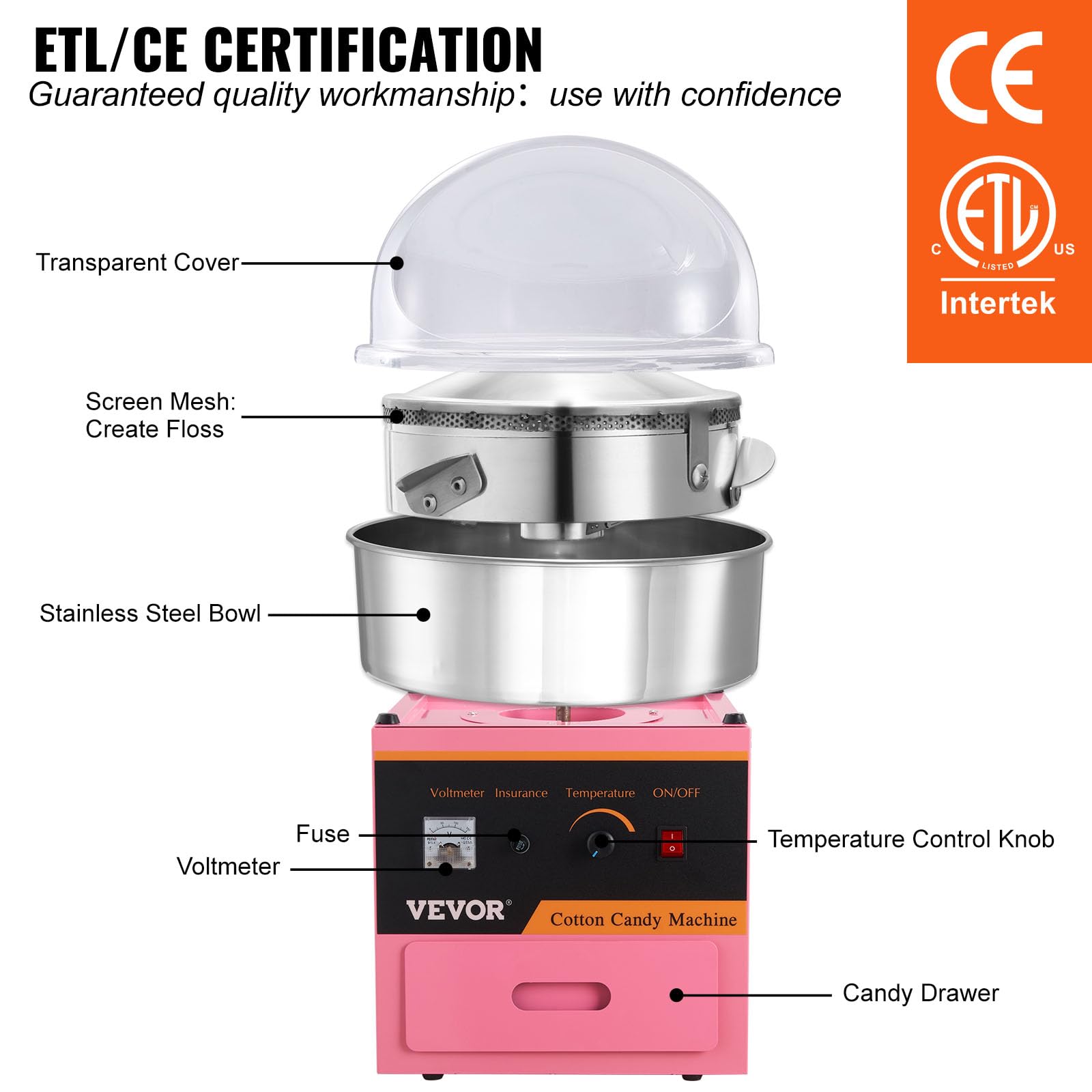 Máquina Eléctrica de Algodón de Azúcar VEVOR Rosa con Tazón de Acero Inoxidable para Eventos y Hogar