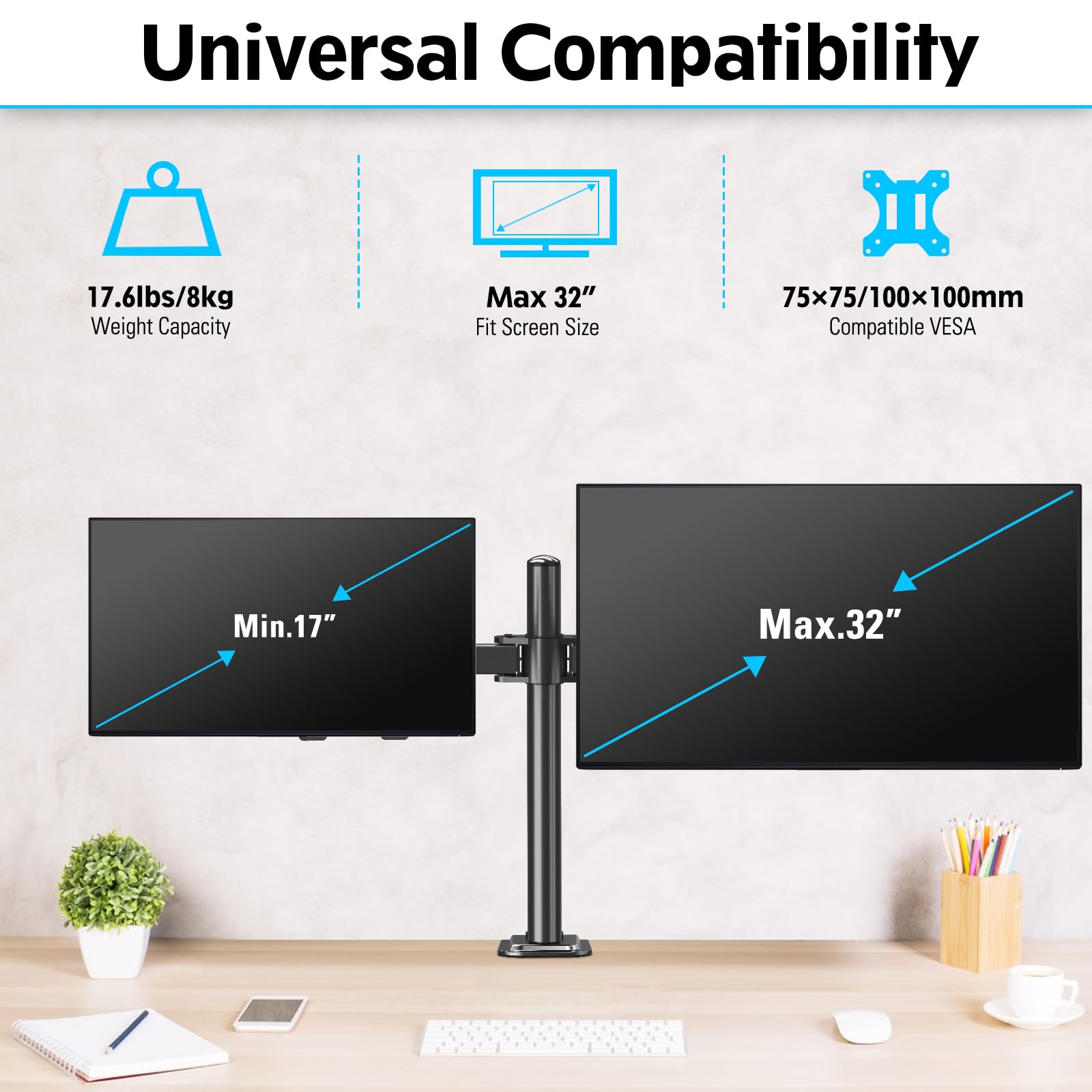 Soporte de Escritorio MOUNTUP Negro Ajustable para Dos Monitores de hasta 32 Pulgadas y 9KG