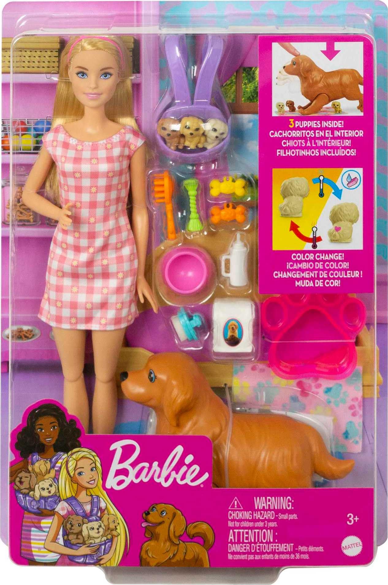 Barbie Sisters & Pets, Cachorros Recién Nacidos, Muñeca y Set de Juego con 1 perrita y 3 cachorritos, para niñas de 3 años en adelante