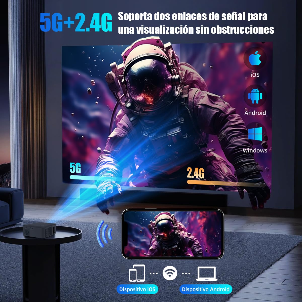 BIGVIEW Mini Proyector Profesional 720P Full HD | Soporte 4K 5000 Lúmenes | Android 10.0 Smart TV | Bluetooth 6.0/WiFi6 | Portátil para Cine en Casa y Oficina