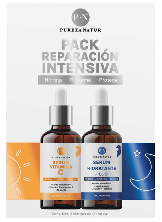 PUREZA NATUR Pack reparación intensiva serum faciales día y noche Serum Acido Hialuronico + Colageno + Elastina Niacinamida y Suero Vitamina C + Vit E | Serum de alta efectividad antiedad Sueros para todo tipo de piel 50ml cu