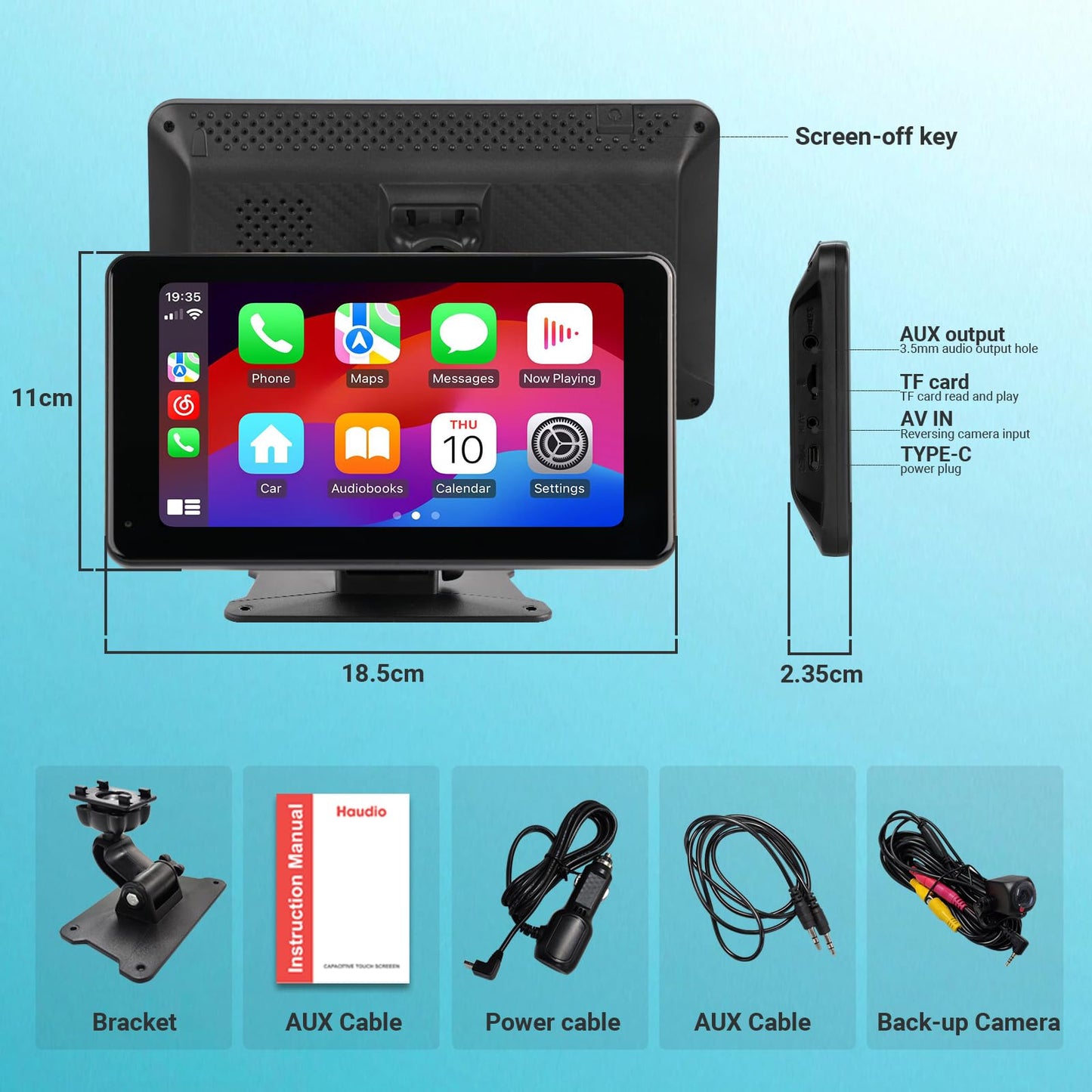 visualización portátil inalámbrica Carplay para Coche, 7 Pulgadas estéreo de Coche inalámbrico Carplay y Android Auto, cámara de Respaldo 1080p, receptores de Audio del Coche, navegación GPS