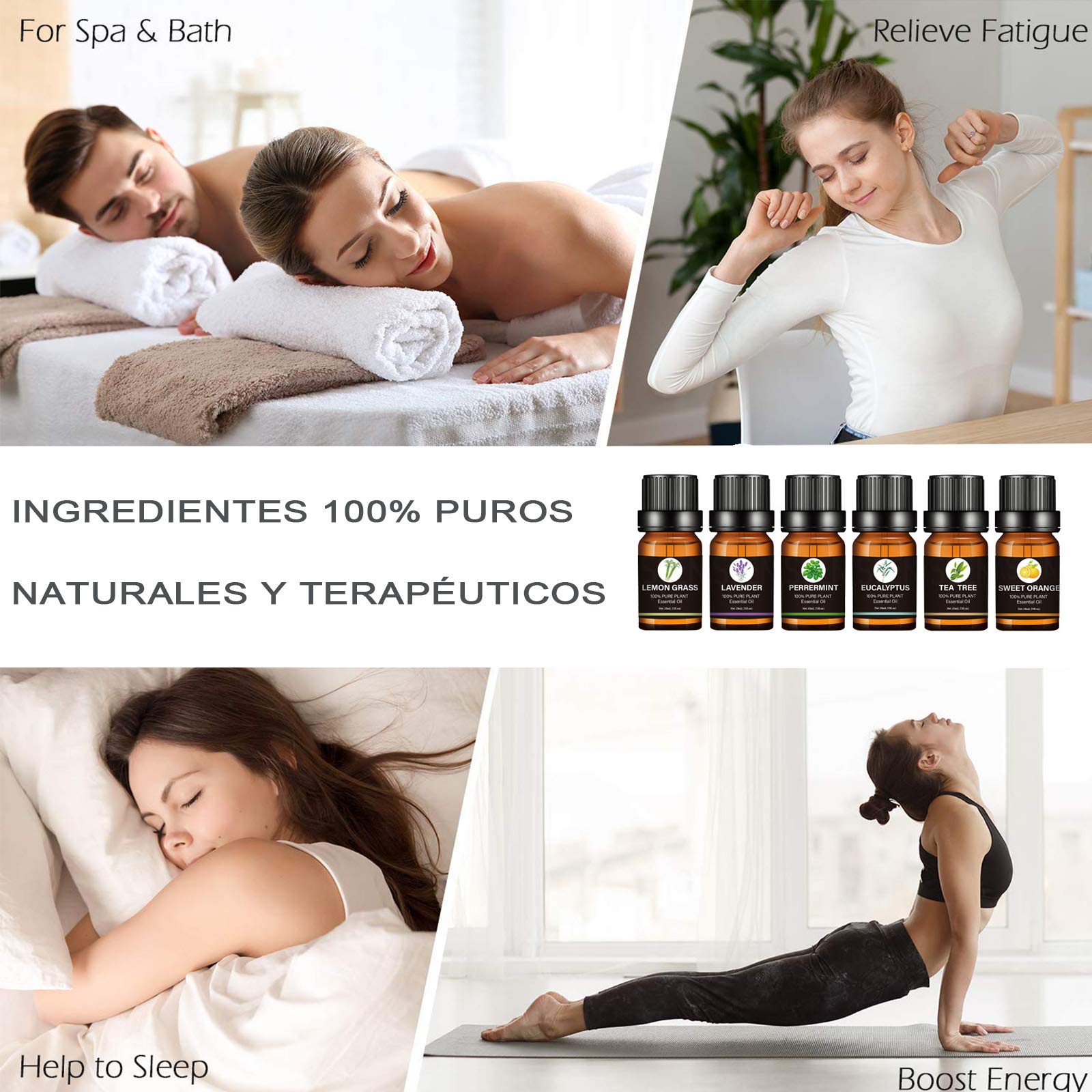 Kit de Aceites Esenciales de Aromaterapia para Difusor SPA Naranja Lavanda Arból de Té Menta Limoncillo Eucalipto
