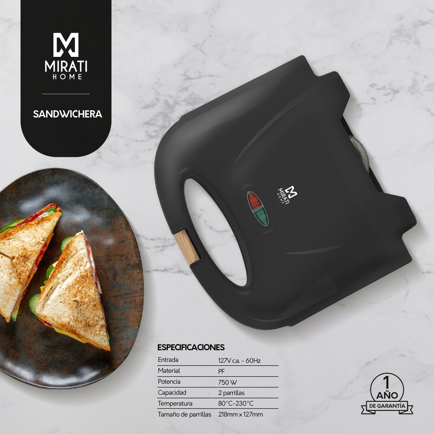 Sandwichera Doble Mirati Negro 750 Watts Modelo MBS01N
