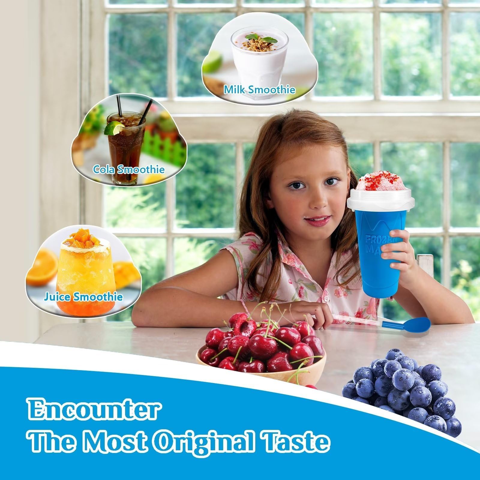 Magic Quick Frozen Smoothies Maker – Máquina grande de granizados, taza para apretar DIY (azul y amarillo)