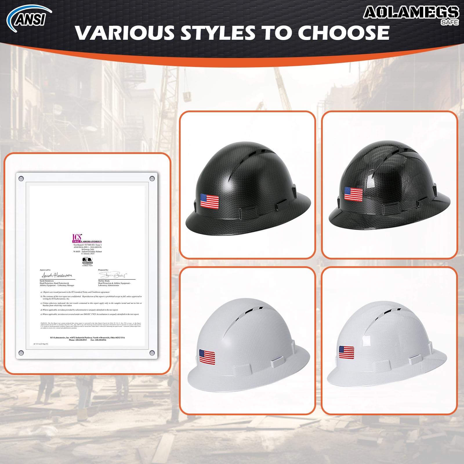 Casco de ala completa de fibra de carbono negro mate con gafas de seguridad y forro para hombres y mujeres, OSHA para construcción, seguridad con correa de barbilla y visera solar, perfil bajo