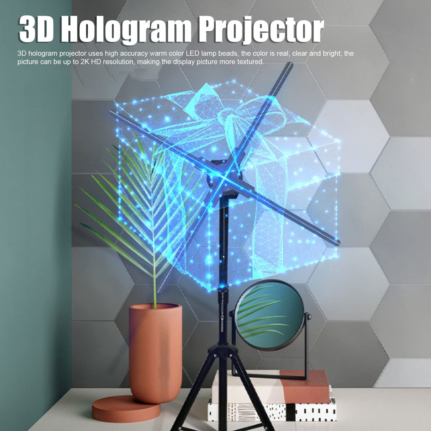 Ventilador Holograma 3D Zopsc Negro Almacenamiento 32G 720 LED WiFi PC Remota 4 Hojas Proyección Inalámbrica
