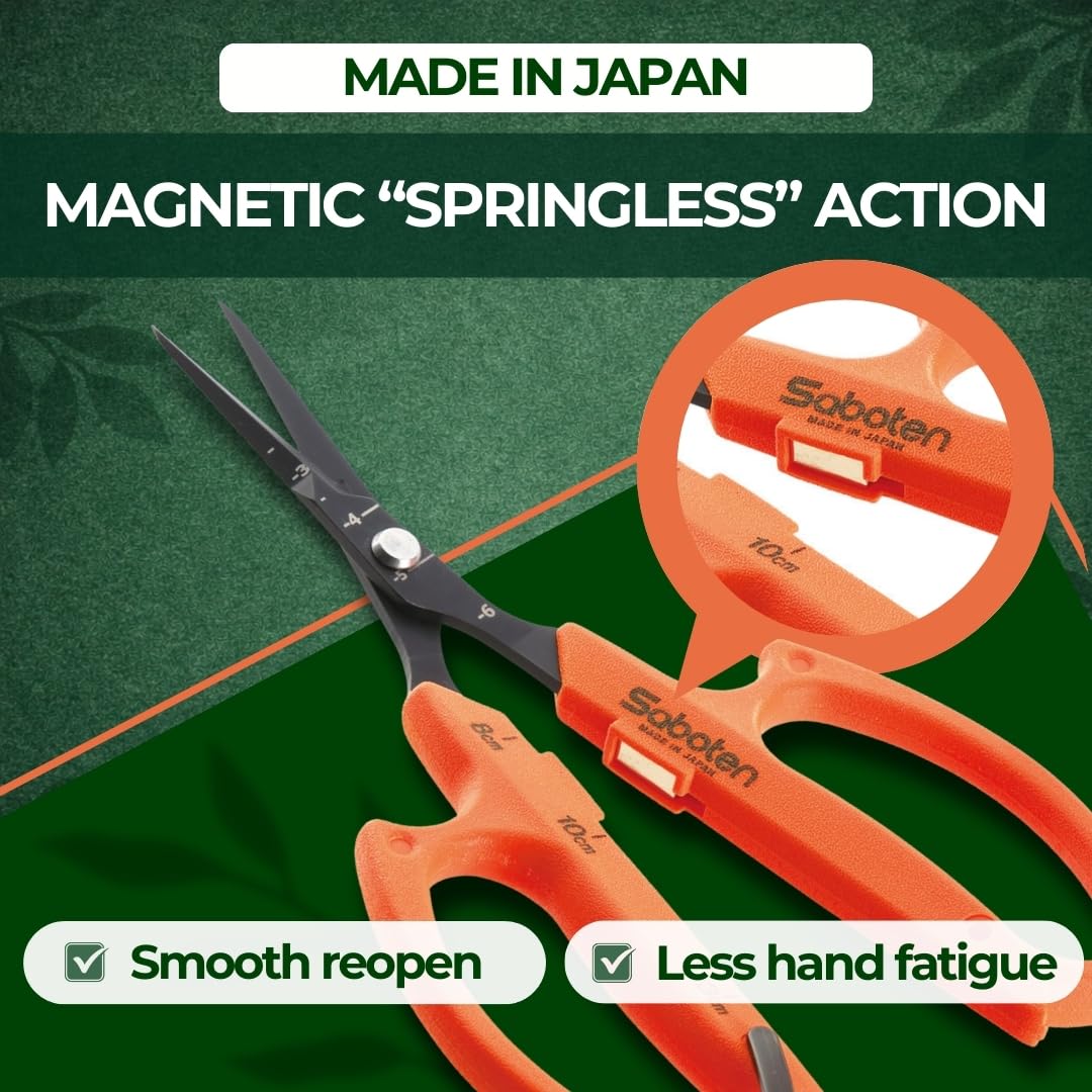 Saboten Tijeras de Cosecha Automáticas 6.3" – Hoja Curva de Punta Fina, Acción Magnética sin Resorte, Acero Inoxidable con Flúor, Mango Ergonómico – forest Originals, Hechas en Japón