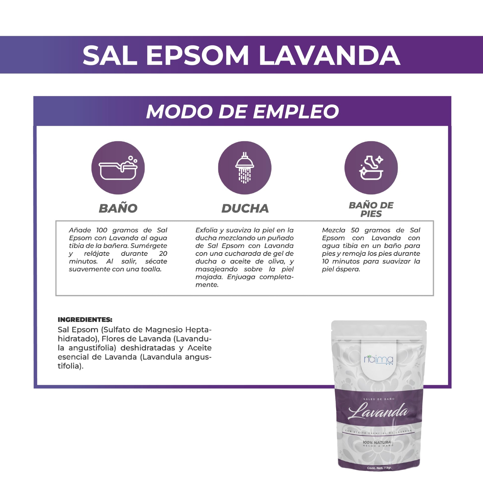 NAIMA Sal Epsom Lavanda, 1kg | Sulfato de Magnesio 100% Puro y Vegano | Baños Relajantes y Terapéuticos con Aroma de Lavanda | Ideal para Cuidado de Piel y Pies | Sin Colorantes Artificiales