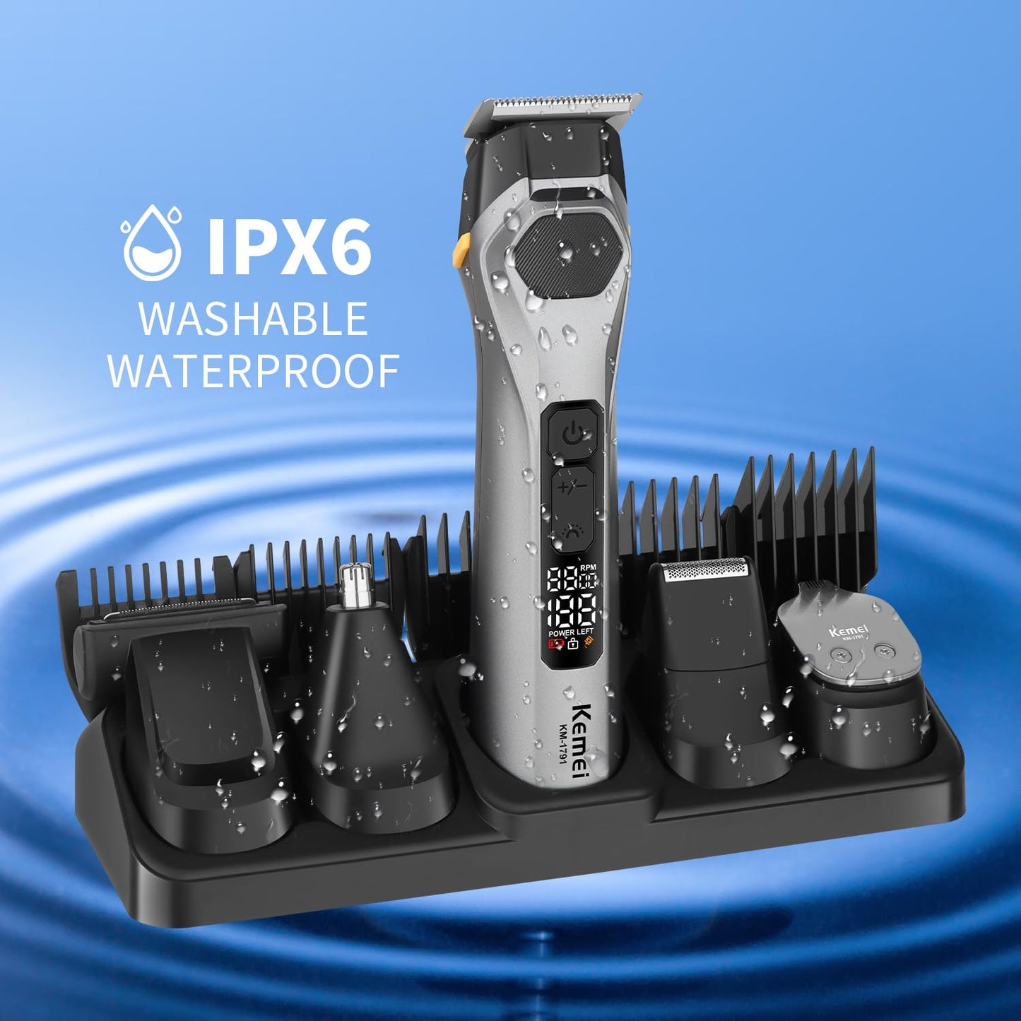 KEMEI Professions - Recortadora de barba para hombre, inalámbrica, IPX6, impermeable, para hombre, para iluminación nocturna, lámpara recargable para nariz, cuerpo, cara y bigote con pantalla LED