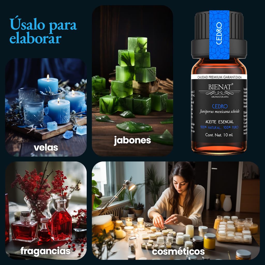 BIENAT AROMATERAPIA Aceite Esencial de Cedro 10mL | 100% Puro y Concentrado | Ideal para Difusor de Aromas, Humidificador, Aromaterapia, Masajes, Meditación, Jabones y Velas | Esencia Natural en Gotas