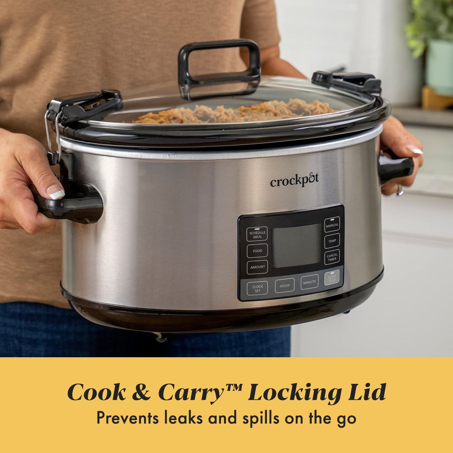 Crock-Pot - Olla de cocción lenta de 7 cuartos de galón, portátil programable con temporizador, tapa de bloqueo, acero inoxidable