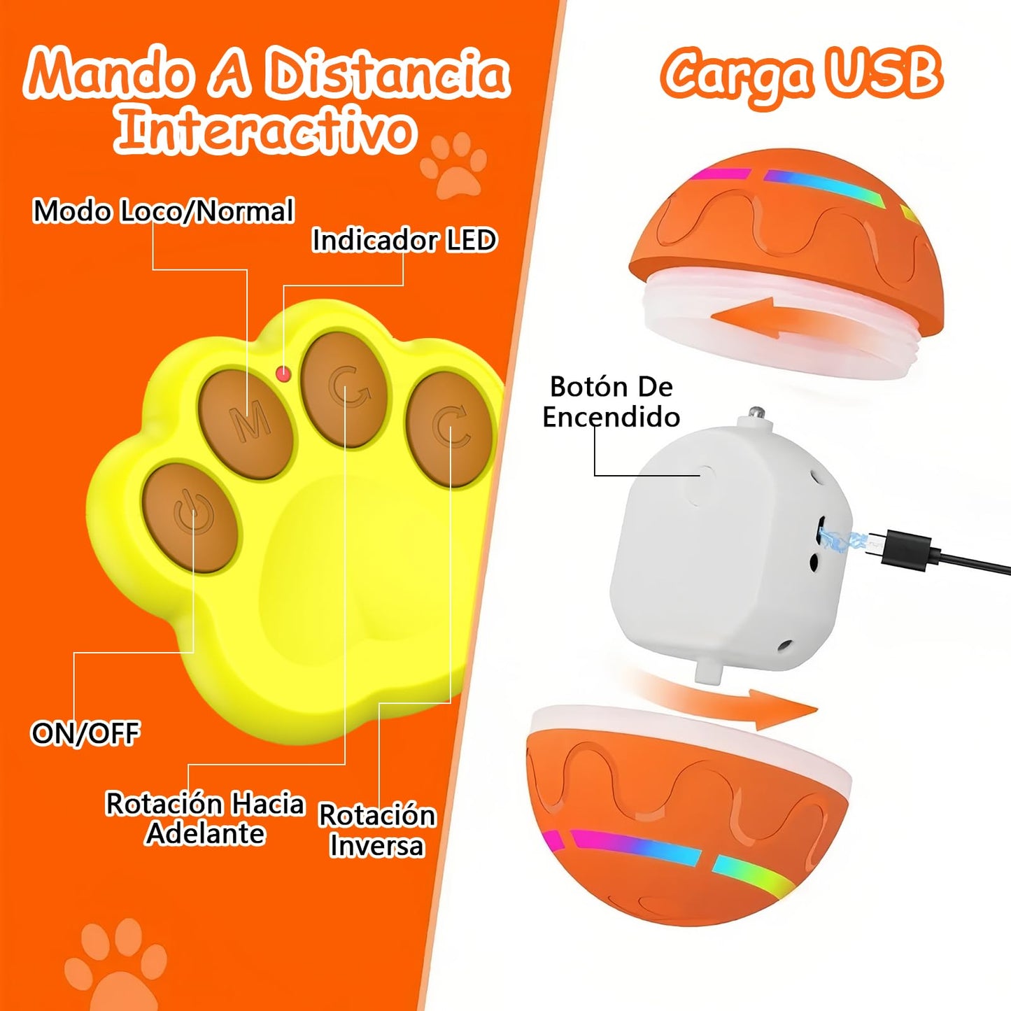 Pelota Interactiva para Perros y Gatos con Luz LED, Recargable por USB, Resistente a Mordeduras e Impermeable