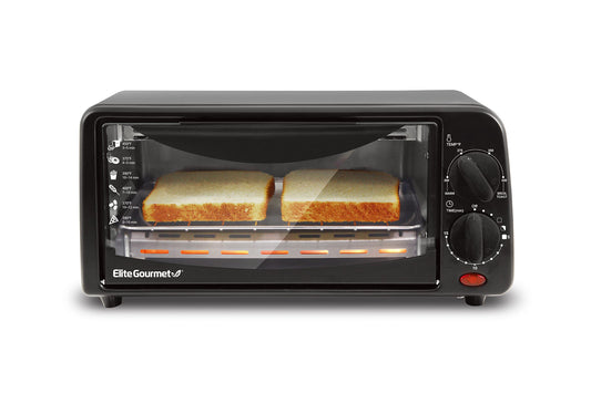 Elite Gourmet ETO236 - Horno tostador personal compacto de 2 rebanadas con temporizador de 15 minutos y temperatura ajustable, hornear, asar y tostar, color negro
