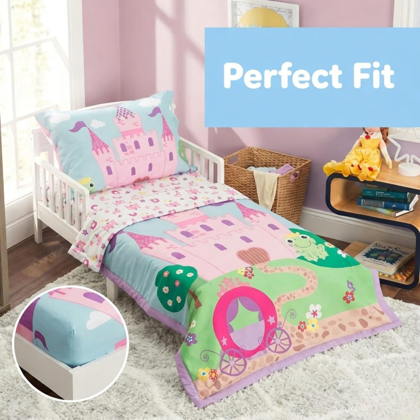 Everyday Kids - Juego de ropa de cama de 4 piezas para niños pequeños - Princess Storyland - Incluye edredón, sábana encimera, sábana bajera ajustable y funda de almohada reversible