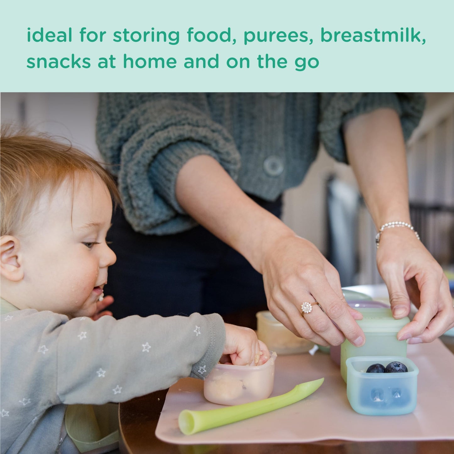 Olababy Clear Sense - Contenedores de almacenamiento de silicona, 4 unidades para alimentos de bebé, aperitivos, fórmula, puré, salsa y más, micro plástico y sin BPA, esenciales para la guardería para