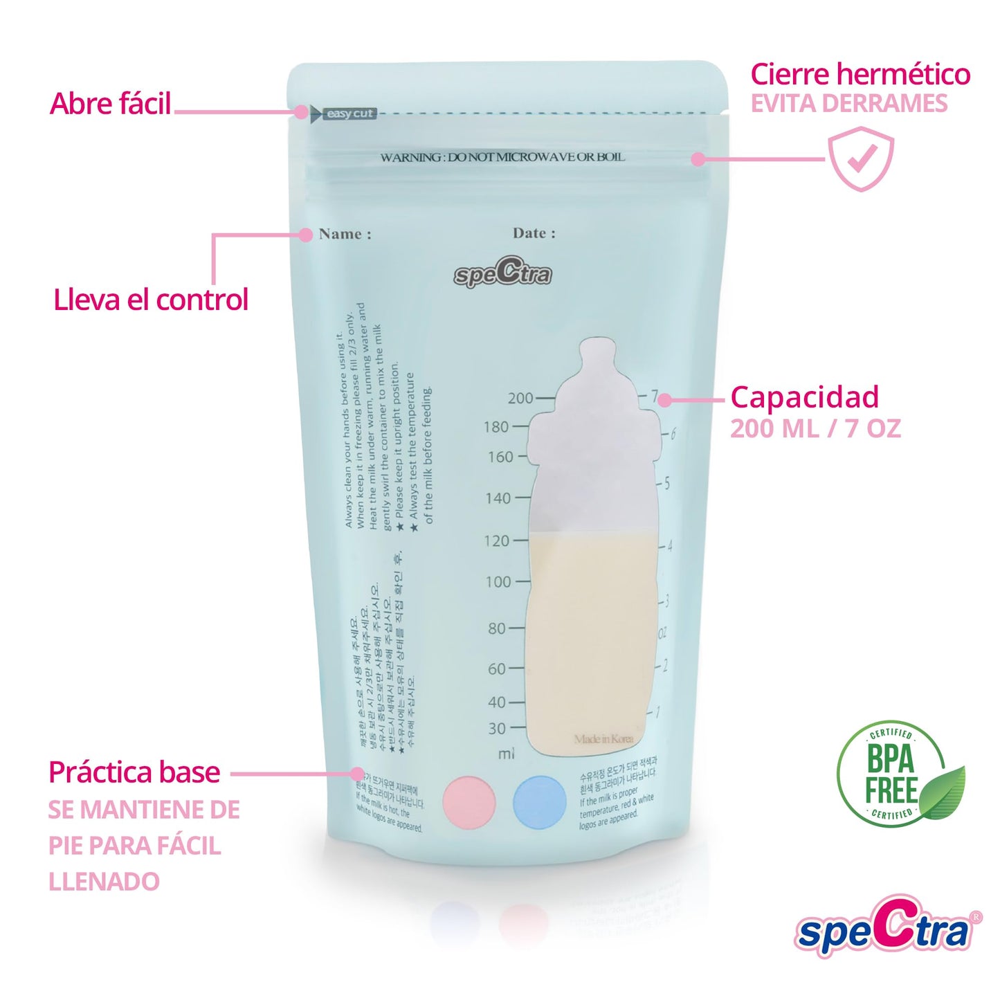 Set de Botellas y Bolsas de Almacenamiento de Leche Materna Spectra | Transparente | Cuello Ancho con Tapa y Sensor de Temperatura