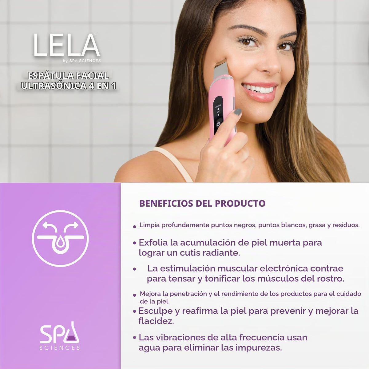 Spa Sciences LELA - Sonic Skin Spatula - for Deep Cleansing, Extraction, Serum Infusion and Lifting - 5 Treatment Modes - for All Skin Types - Rechargeable