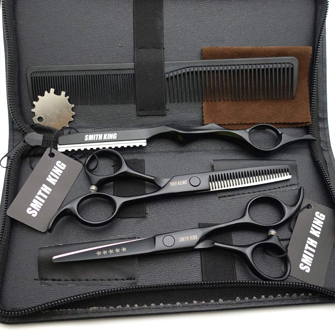 Juego de tijeras de corte de pelo de 12,7 cm con estuche de tijera de piel para cortar el pelo, tijeras de adelgazamiento de pelo para personal y profesional (negro)