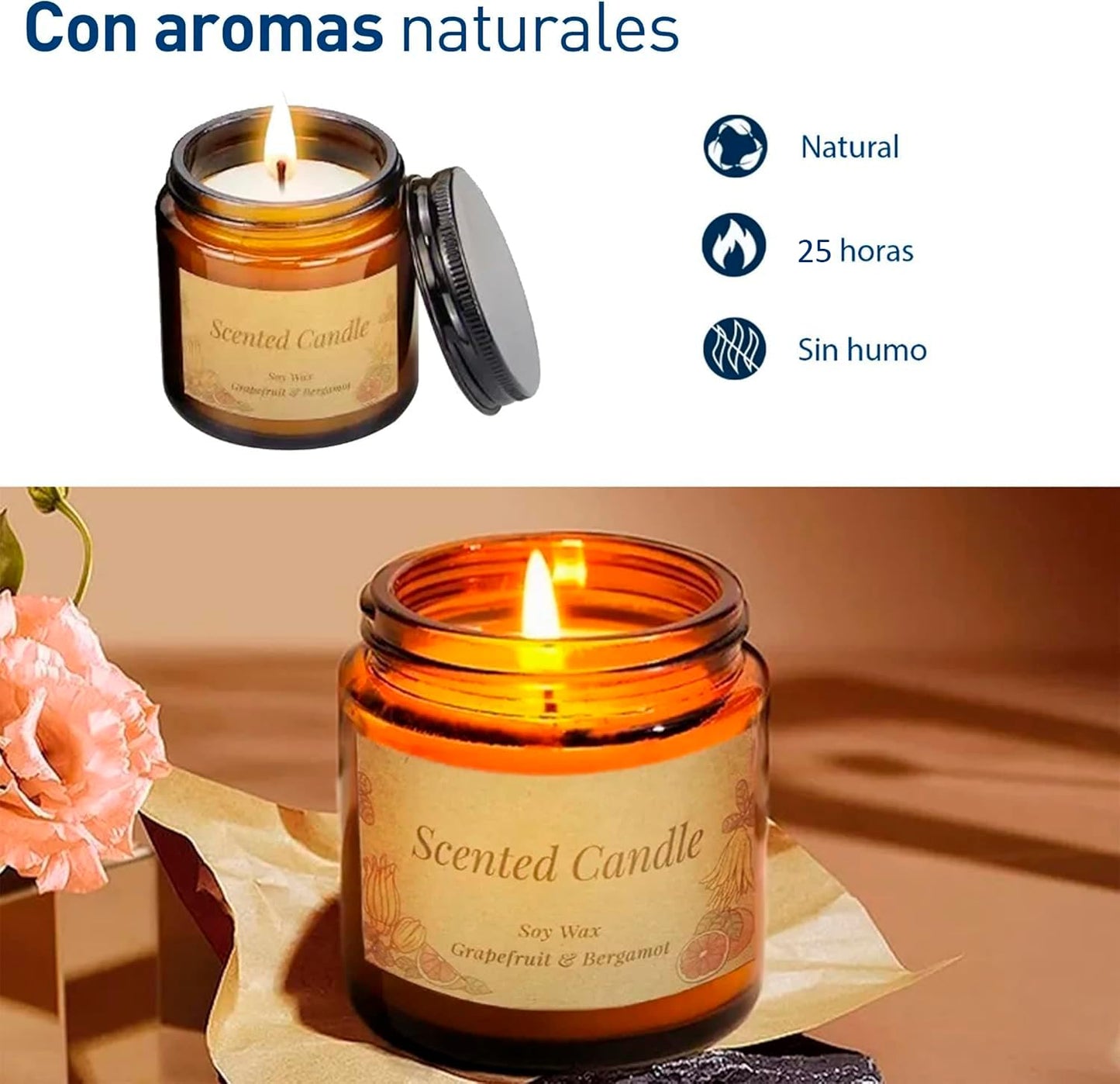 Bluelander Set de 6 Velas Aromaticas Decorativas, Velas de 3.5 Oz, 100% Cera Pura de Soya, Velas Relajantes Olor Vainilla, Campanilla, Lavanda, Rosas, Cítricos y Jazmín (6 Piezas (Todos Los Aromas