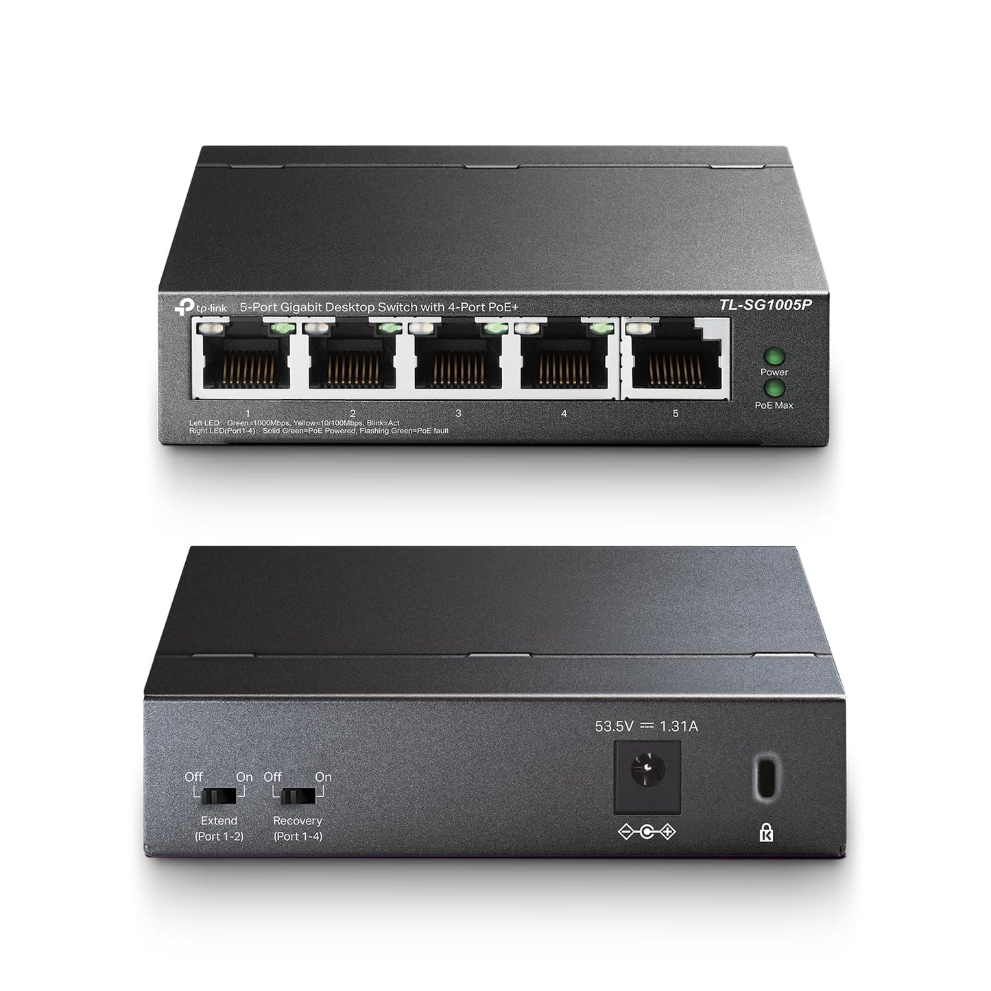TP-Link TL-SG1005P, 5 Port Gigabit PoE Switch, 4 PoE+ Ports @65W, Desktop, Plug & Play, Sturdy Metal w/ Shielded Ports, Fanless, QoS & IGMP Snooping,black