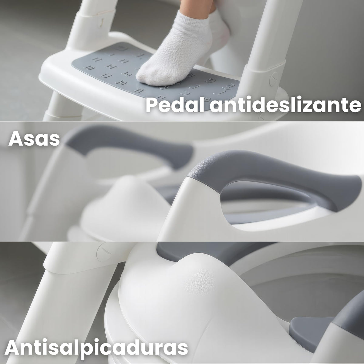 Timotech Asiento de Entrenamiento para Baño con Escalera Plegable y Cojín Suave, Adaptador de Inodoro Infantil con Agarraderas de Seguridad y Escalón Antideslizante para Niños y Niñas, Gris/Blanco