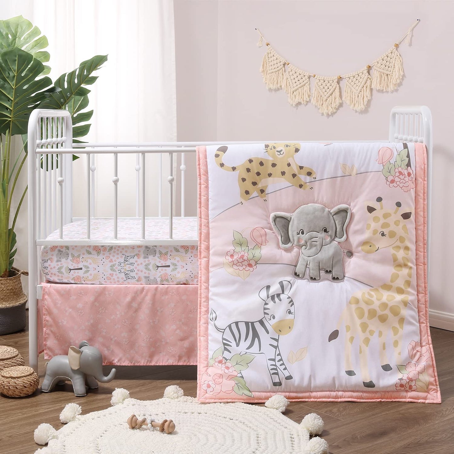 El juego de cama de 3 piezas para cuna The Peanutshell para niñas - Decoración de cama de recién nacida, bebé y niña con sábana ajustable para cuna, volante de polvo, edredón para cuna - Sueños más