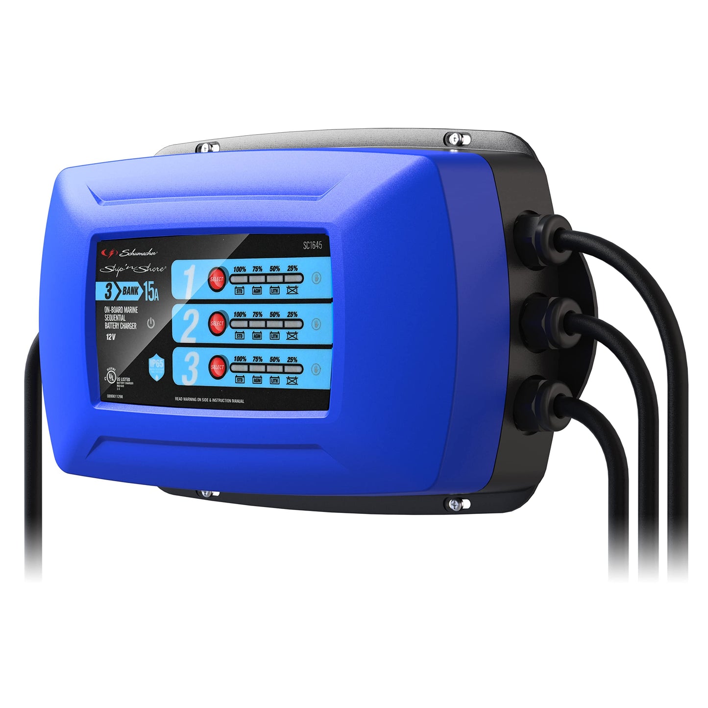 Schumacher Electric Ship 'n Shore Cargador de batería Marino de Tres Bancos, SC1645, 2 en 1, Completamente automático, Carga secuencial, Resistente al Agua, 15 amperios, 12 V, para baterías de Coche,