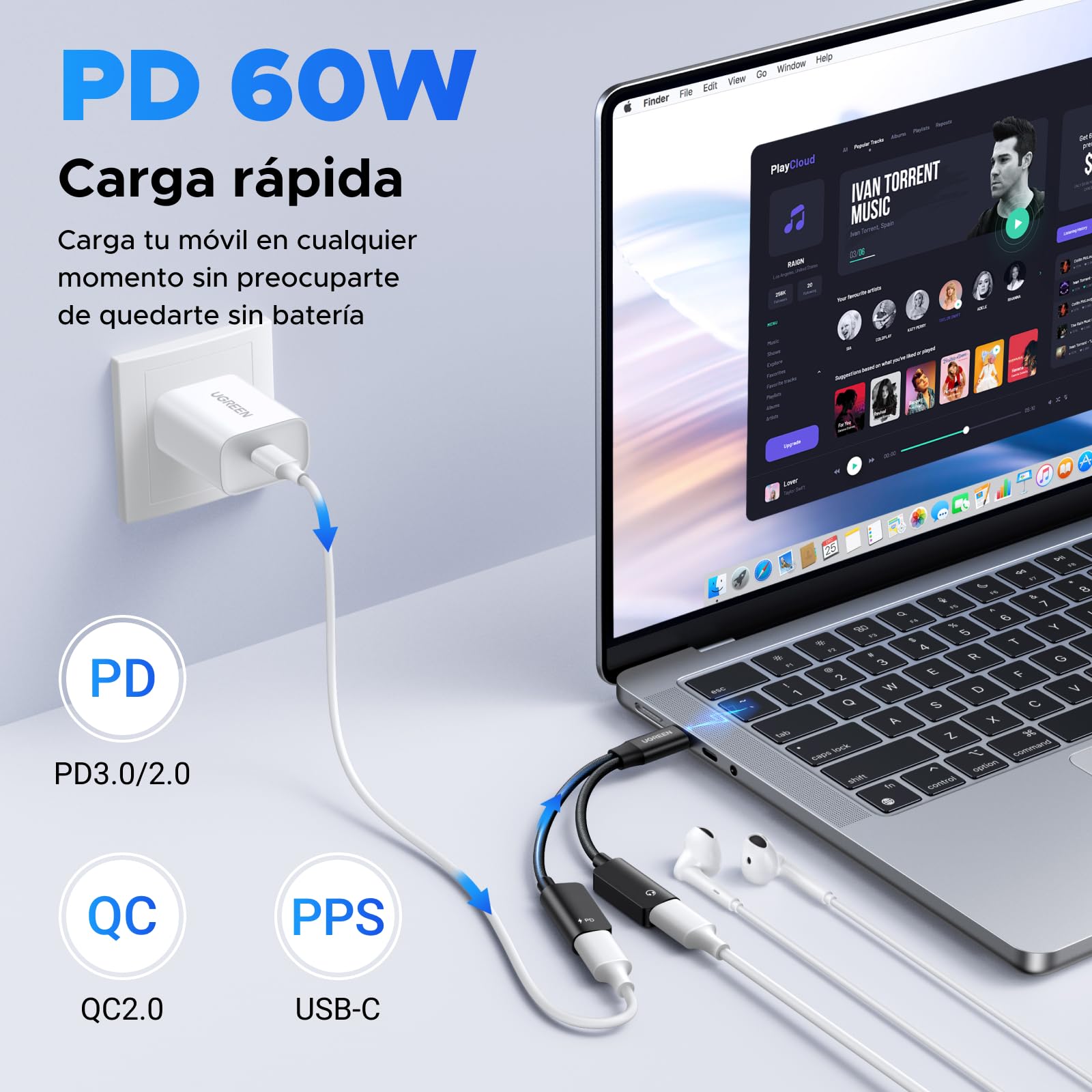 UGREEN Adaptador de Audio Tipo C de 1 Entrada y 2 Salidas, para Auriculares y Cargador con Cable de Carga Rápida PD de 60 W Compatible con iPhone 16 Pro MAX, Galaxy S25 Ultra, Pixel 9, iPad Pro/Air