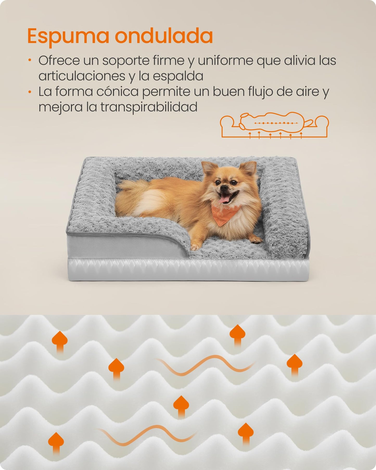 Feandrea Cama para Perros, Cama para Mascotas, 71 x 58 x 16 cm, Ortopédica con Espuma Corrugada, Funda Extraíble con Motivo Rosa de Peluche, Bordes Elevados Acolchados, Gris Paloma MPGW251G01