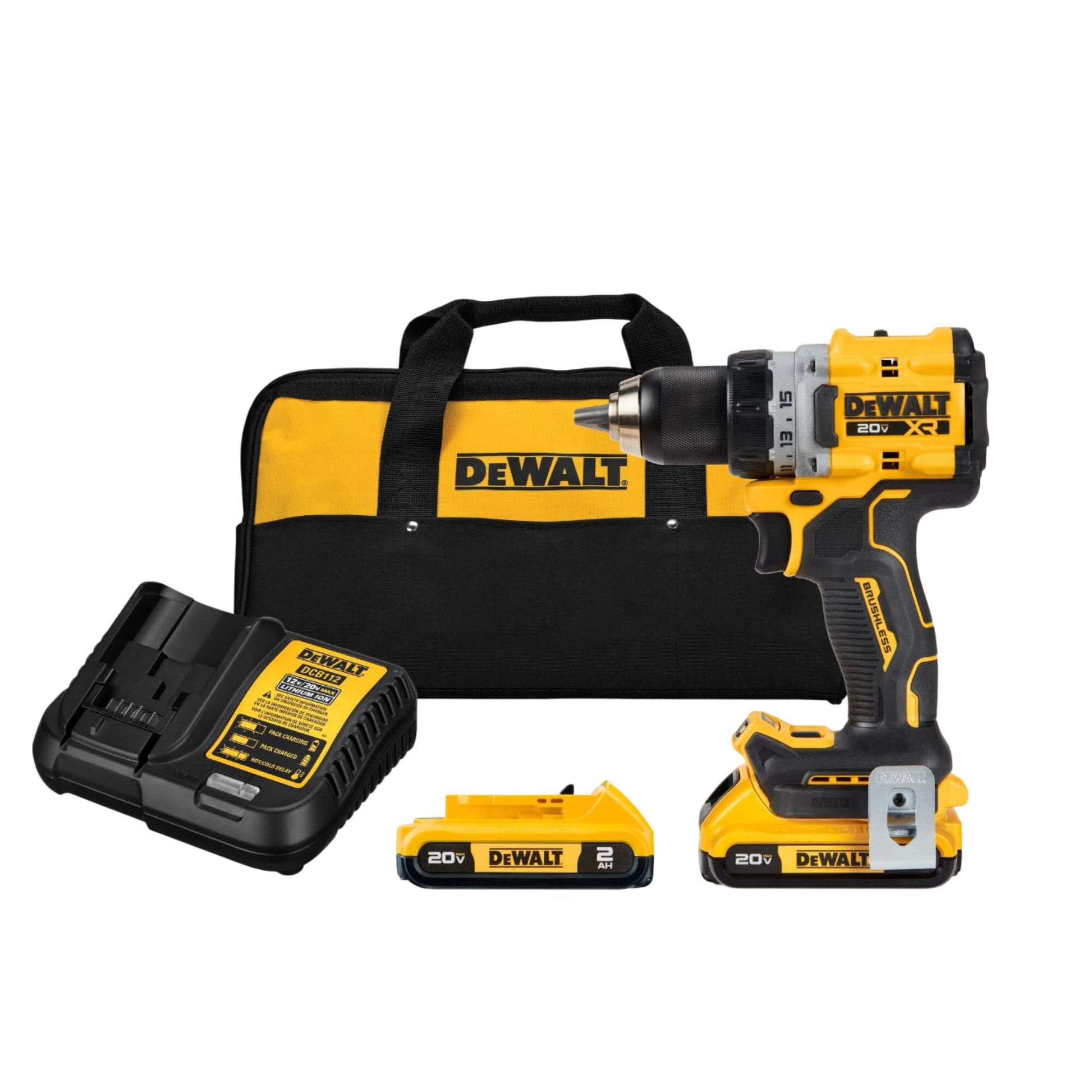 DEWALT 20V MAX* XR® - Kit de taladro/destornillador inalámbrico sin escobillas (DCD800D2), amarillo