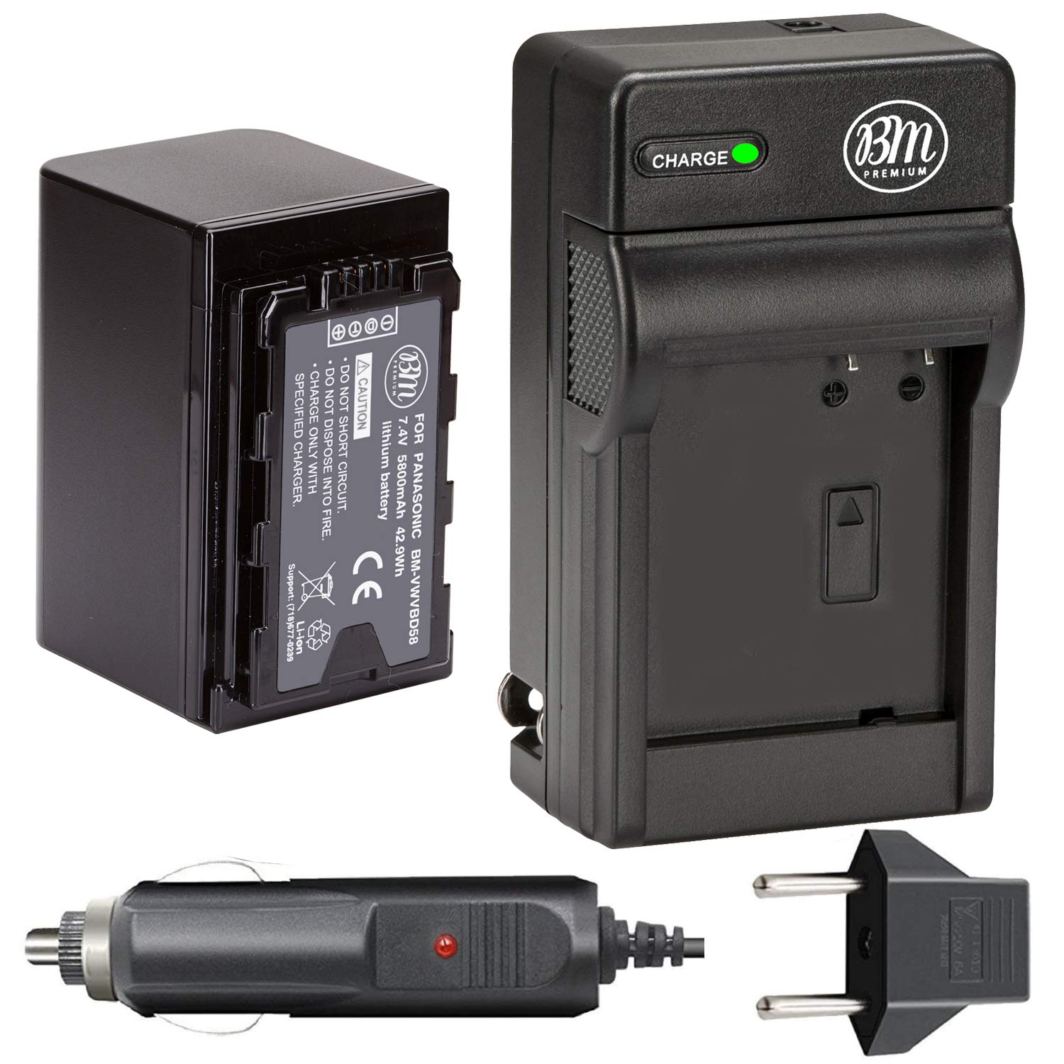 BM Premium VW-VBD58 - Batería y cargador para Panasonic AG-VBR59, BGH1, HC-X1, HC-X1500, HC-X2000, AG-CX10, AG-CX350, AG-UX180, AG-AC30, AG-UX90, AG-DVX200, HC-MDH3E, JJJ700, AJ-PX230 videocámaras