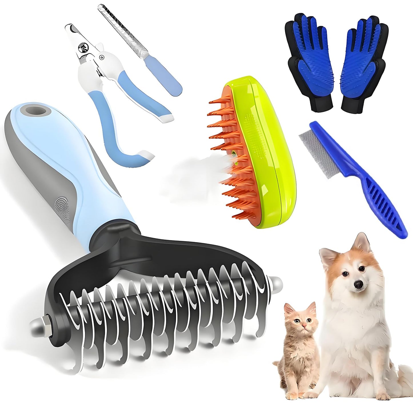 Cepillo Vapor para Mascotas NUOWEI 5 Piezas con Guantes y Cortauñas para el Cuidado Integral de Mascotas