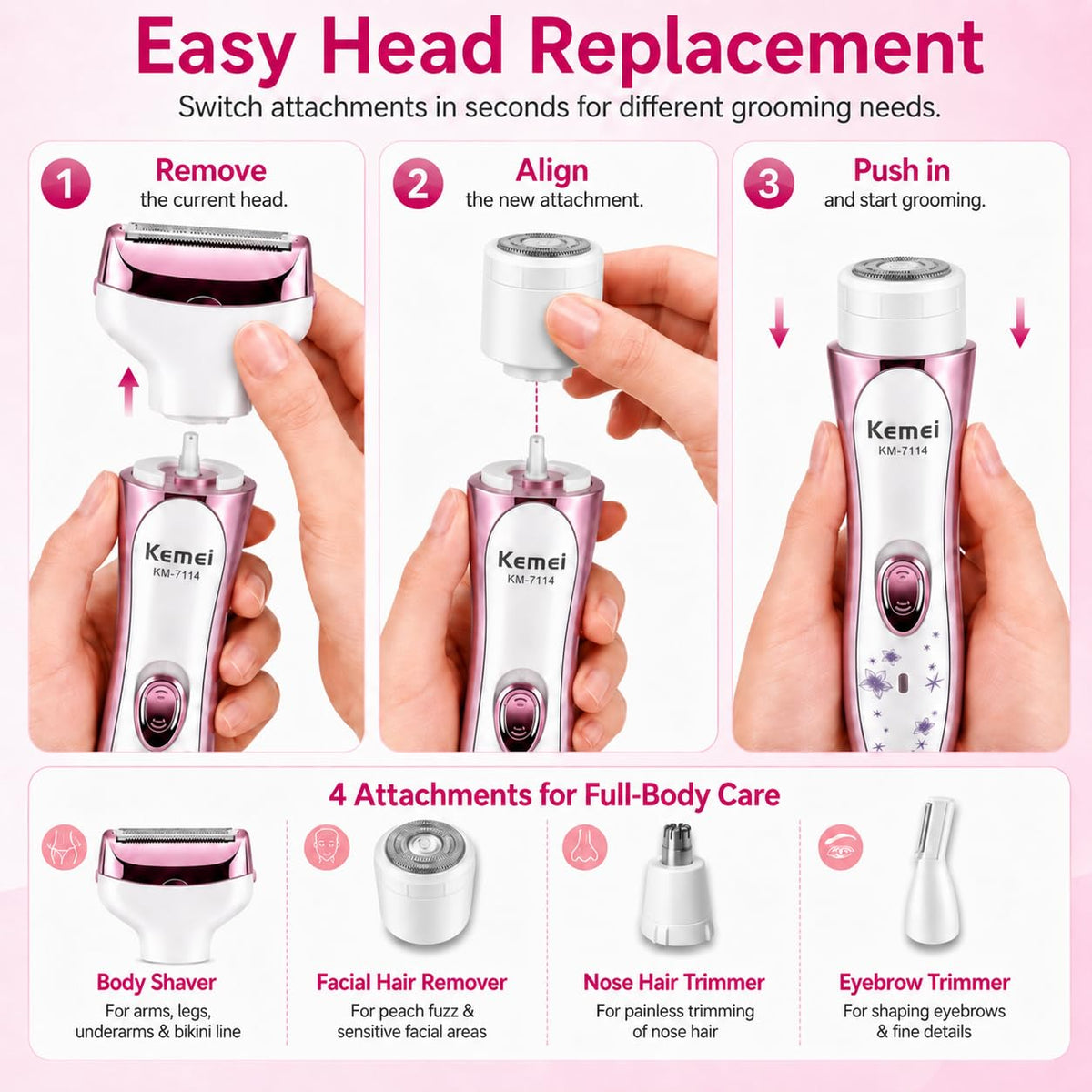 KEMEI 7114 - Maquinilla de afeitar eléctrica para mujer, 4 en 1, removedor de pelo indoloro para cara, cejas, nariz y bikini, recargable en húmedo y seco, color rosa