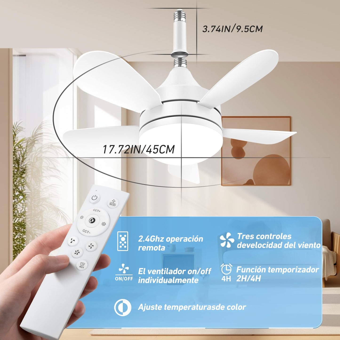 Ventilador de Techo VSHINY Blanco con Luz Regulable y Mando a Distancia