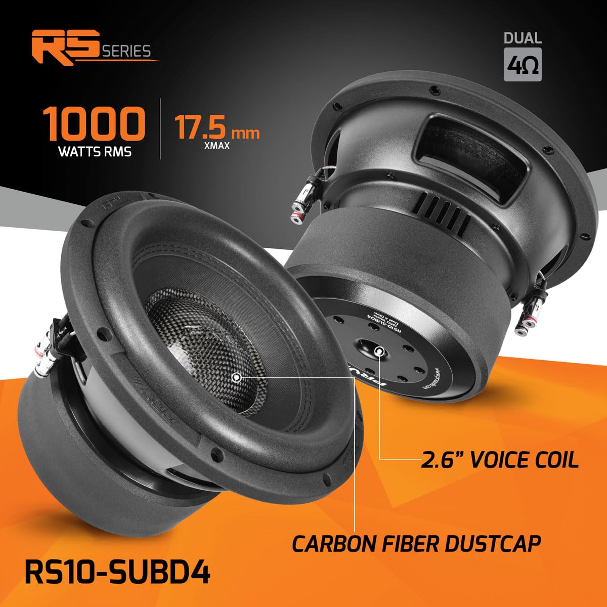 PRV AUDIO 10" Sub D4 de 2000 vatios de potencia máxima Dual 4 Ohm, Xmax de 17.5 mm, RS10-SUBD4, bobina de voz de 2.6 pulgadas, Subwoofer de coche de 10 pulgadas de tonos bajos profundos para sistemas