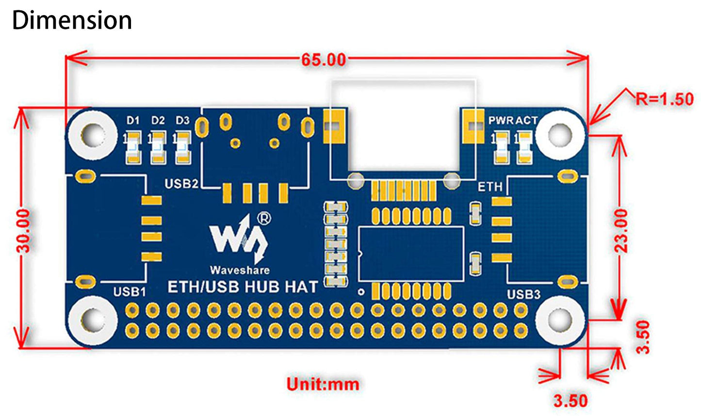 Placa de Expansión Ethernet USB HUB HAT Raspberry Pi con Puerto RJ45 y Puertos USB
