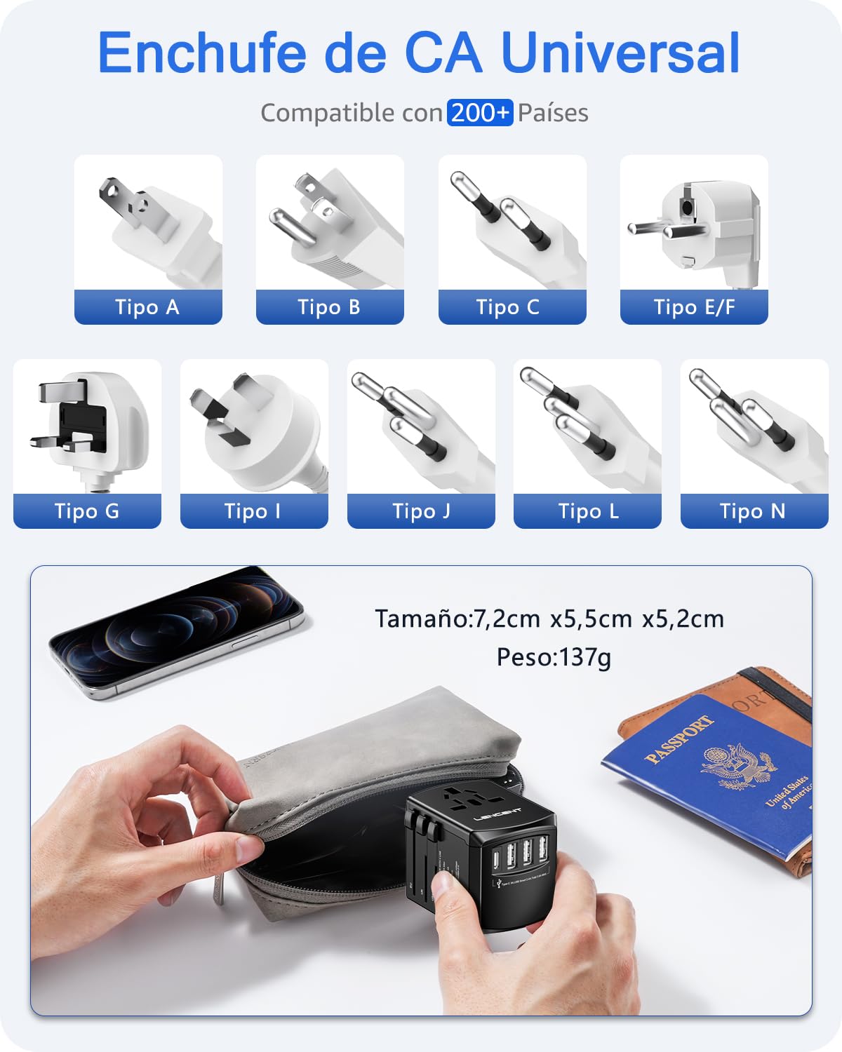 LENCENT Adaptador Universal de Viaje, 17.5W Adaptador de Corriente Europeo con 4 Puertos USB (1 UBS C), Travel Essentials para el Reino Unido, Europa, Americano, Argentina, Australia, Negro
