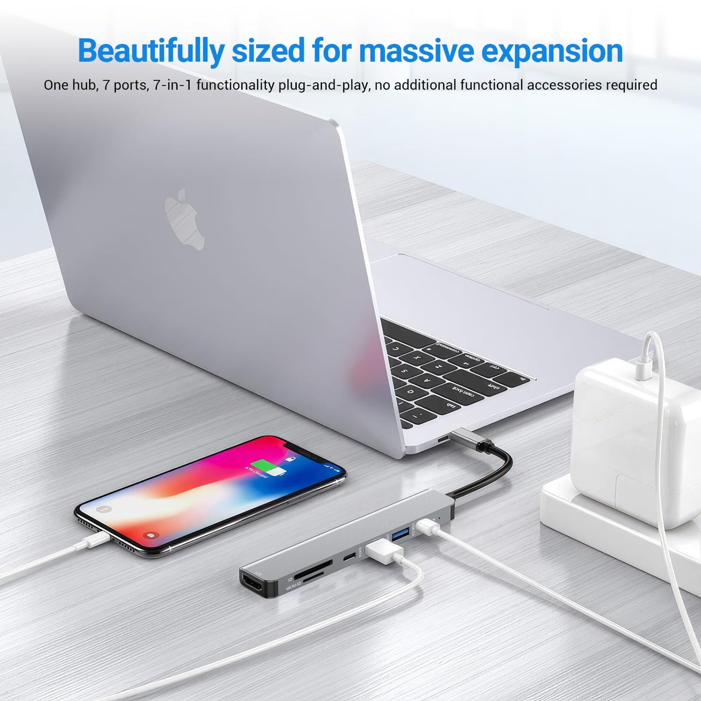JESWO HUB USB C, 7 en 1 Adaptador USB C a HDMI 4K, USB 3.0, USB 2.0, Lector Tarjeta SD/TF, 5Gbps USB C Datos Puerto, 100W PD Carga, Adaptador Tipo C para MacBook, MacBook Pro, Macbook Air, DELL, etc.