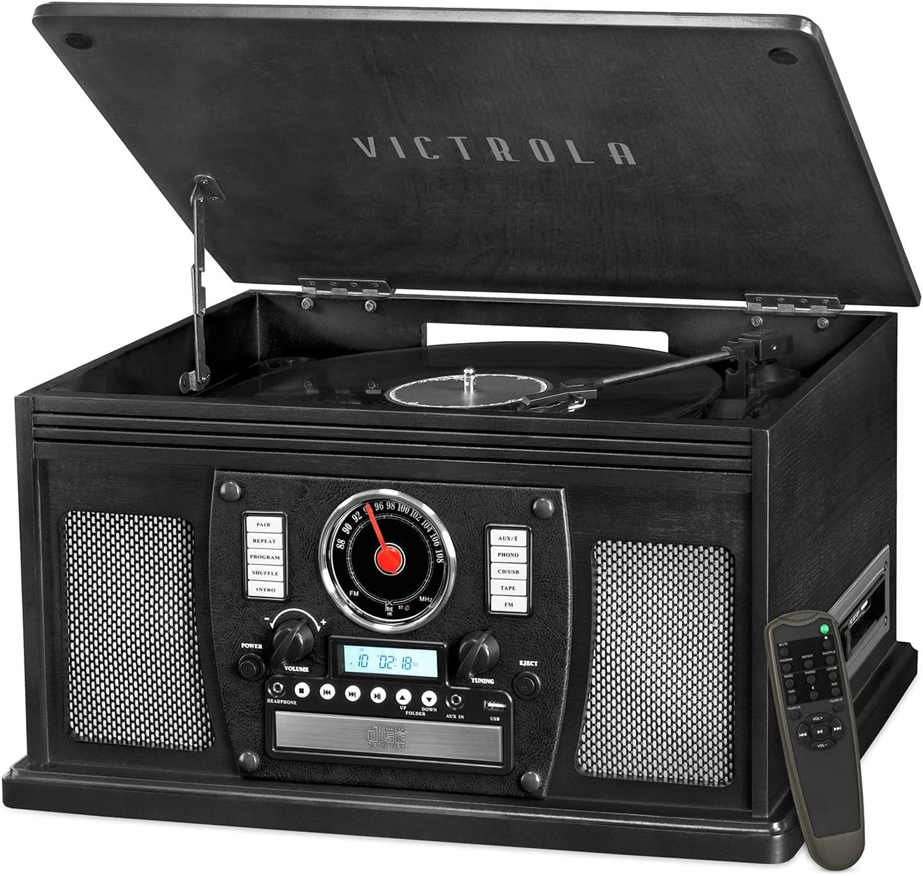 Reproductor de Discos Victrola Negro Bluetooth 8 en 1 con Altavoces Estéreo Integrados