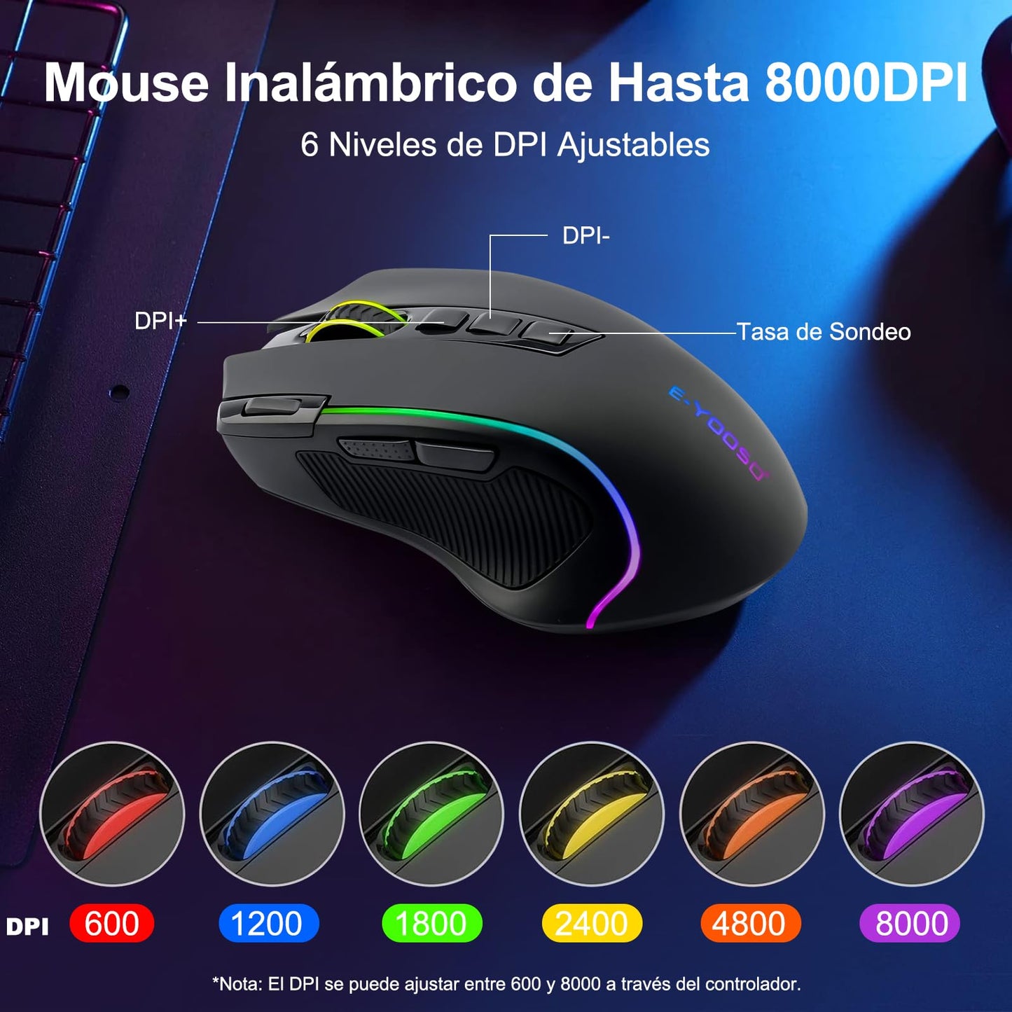 Mouse Gaming TERPORT S500 Inalámbrico Óptico RGB con 9 Botones Programables y 8000 DPI