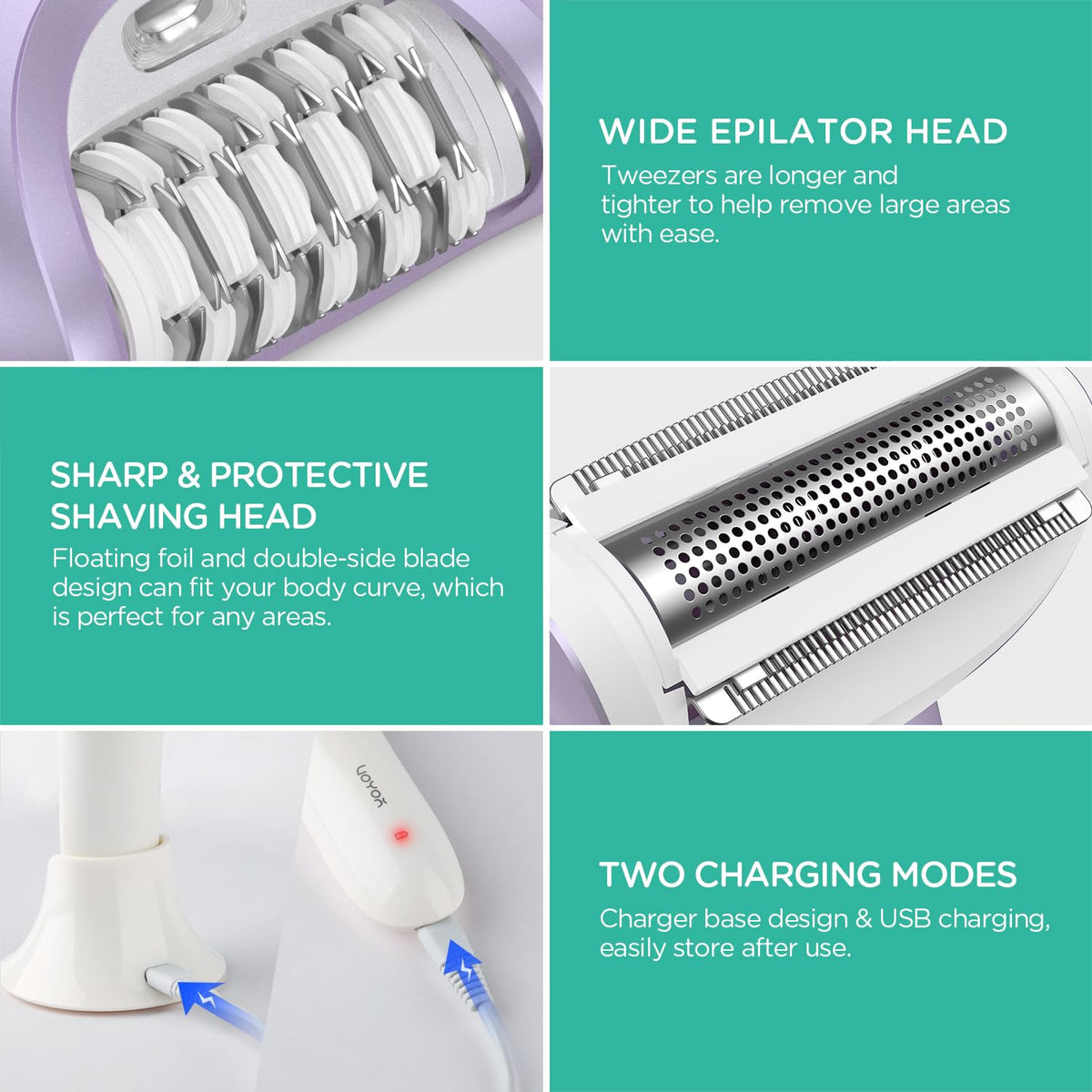 VOYOR Depiladora para Mujeres, Inalámbrica y Recargable, Depiladora con 30 Pinzas, Depiladoras 3 en 1 con Afeitadora Eléctrica y Lima para Pies, Dispositivo de Depilación para Brazo y Pierna BM300