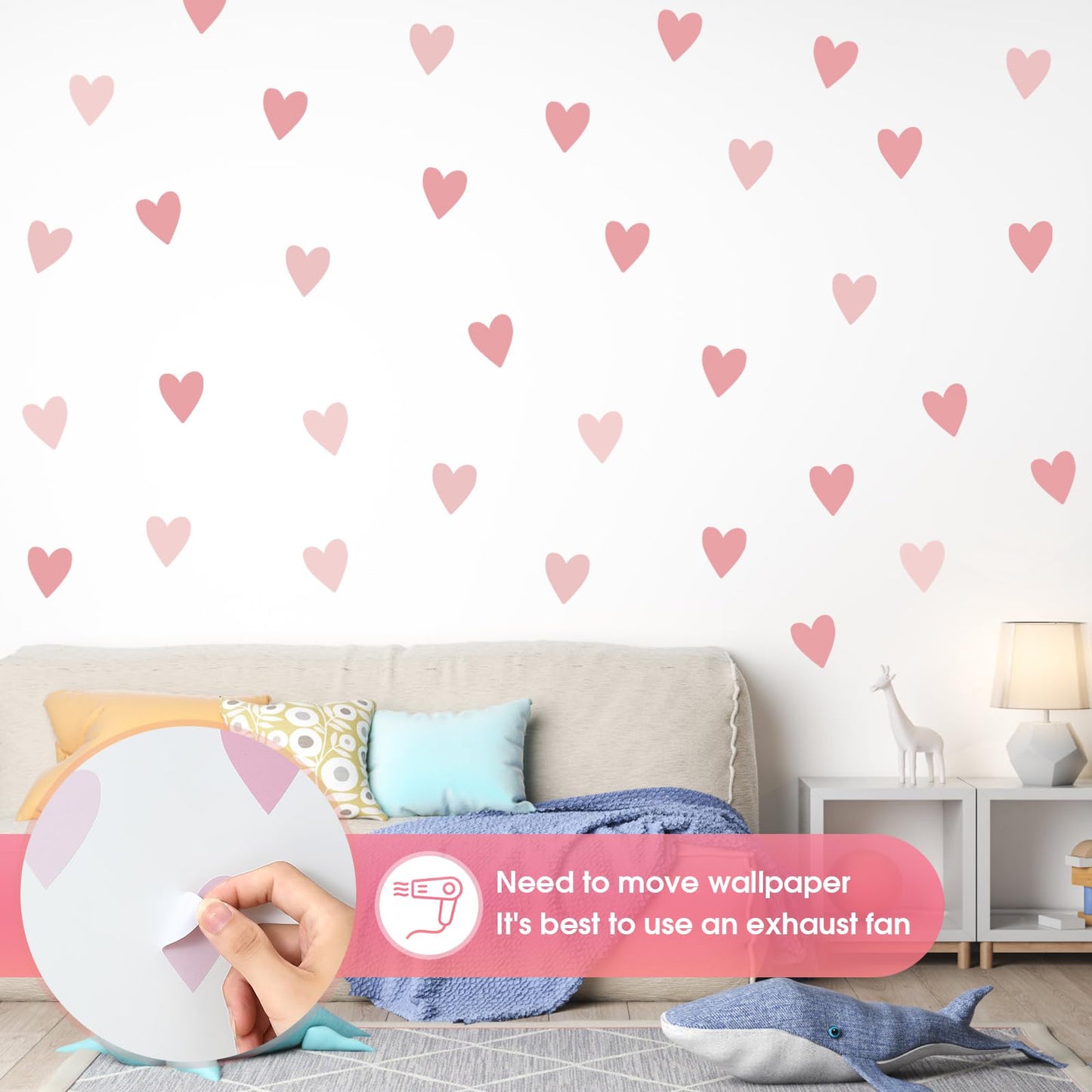 Pegatinas de pared de corazón rosa, calcomanías de pared para habitación de niños, diseño de corazón amor, lindo cuarto de bebé, decoración extraíble estilo rosa (corazón rosa)