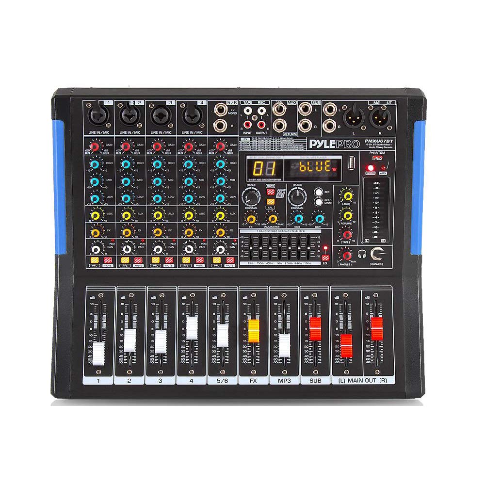 Bluetooth Studio Audio Mixer - Interfaz de controlador de sonido DJ con unidad USB para entrada de grabación de PC, conector de micrófono XLR, alimentación de 48V, entrada / salida para profesionales y principiantes, 6 canales Pro, Negro