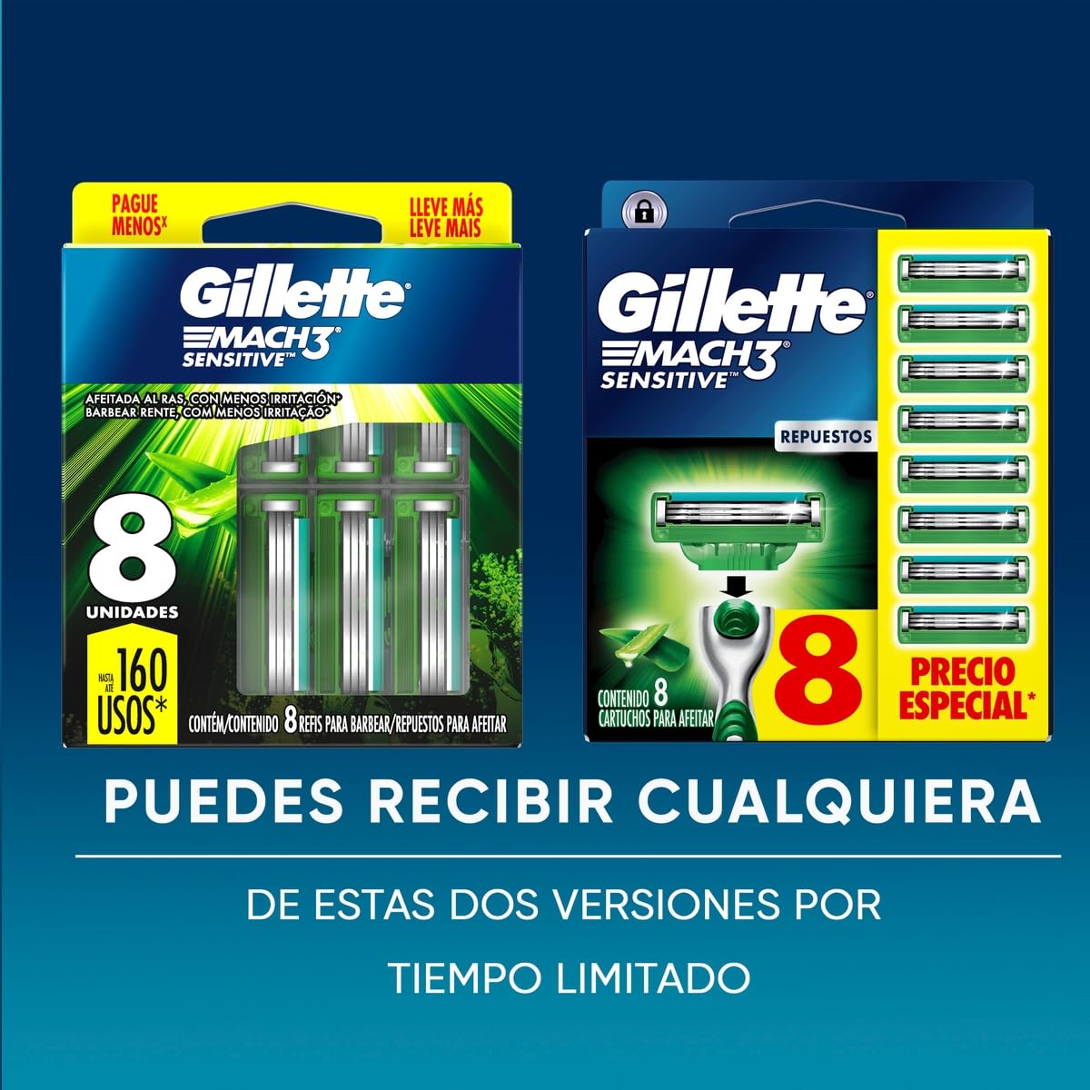 GILLETTE Mach3 Sensitive, Rastrillo para Afeitar Reutilizable, 8 Cartuchos con 3 Hojas para Rasurar, Rastrillo para Hombre con Piel Sensible