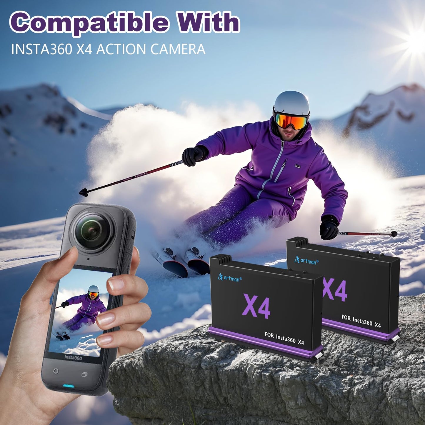 Artman Batería Insta 360 X4 para Insta360 X4, Baterías de Repuesto 360 X4 de 2500mAh y Estuche de Carga Rápida Tipo C de 3 Canales Compatible con Accesorios Insta360 X4 (2 Baterías + Estuche de Carga)
