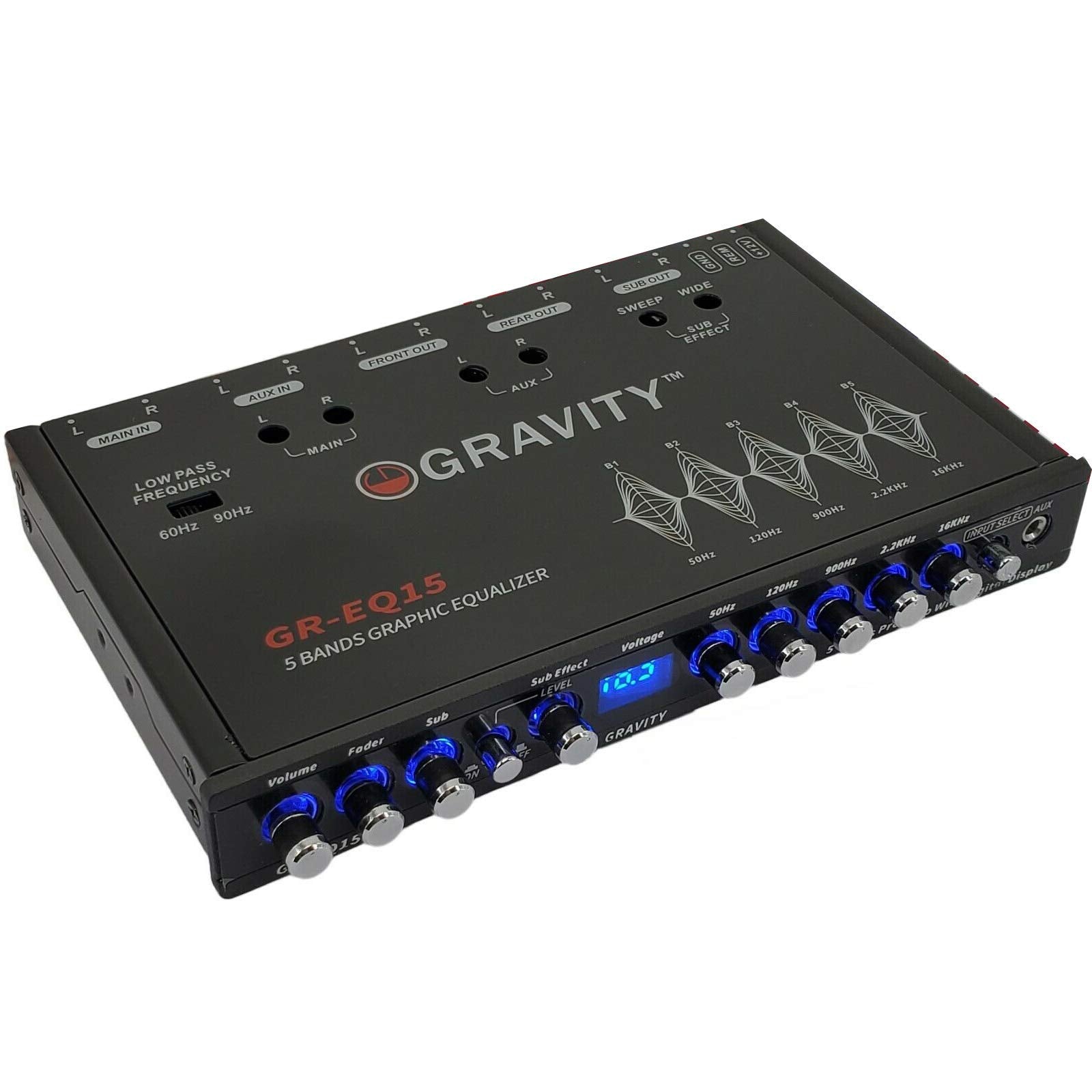 Gravity EQ15 1/2 DIN Cinco bandas de ecualización de audio para coche EQ frontal, control de volumen trasero + maestro con hasta 9 voltios RMS de salida/tres salidas RCA estéreo