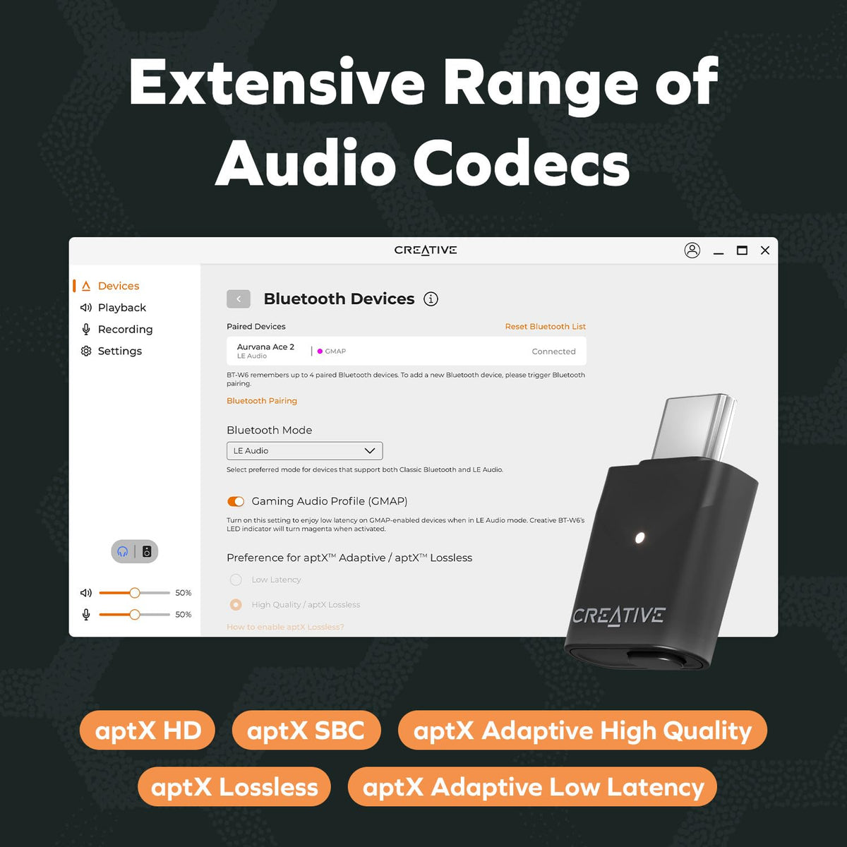 Transmisor de Audio Inalámbrico Creative BT-W6 Snapdragon Bluetooth 5.4 aptX para PC y Consolas Gaming